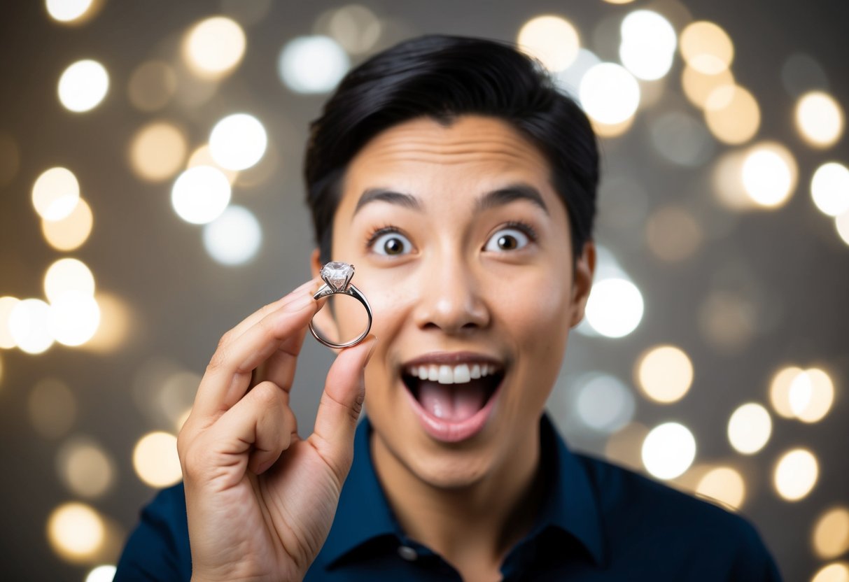 A person holding up a sparkling engagement ring, with a surprised and joyful expression on their face