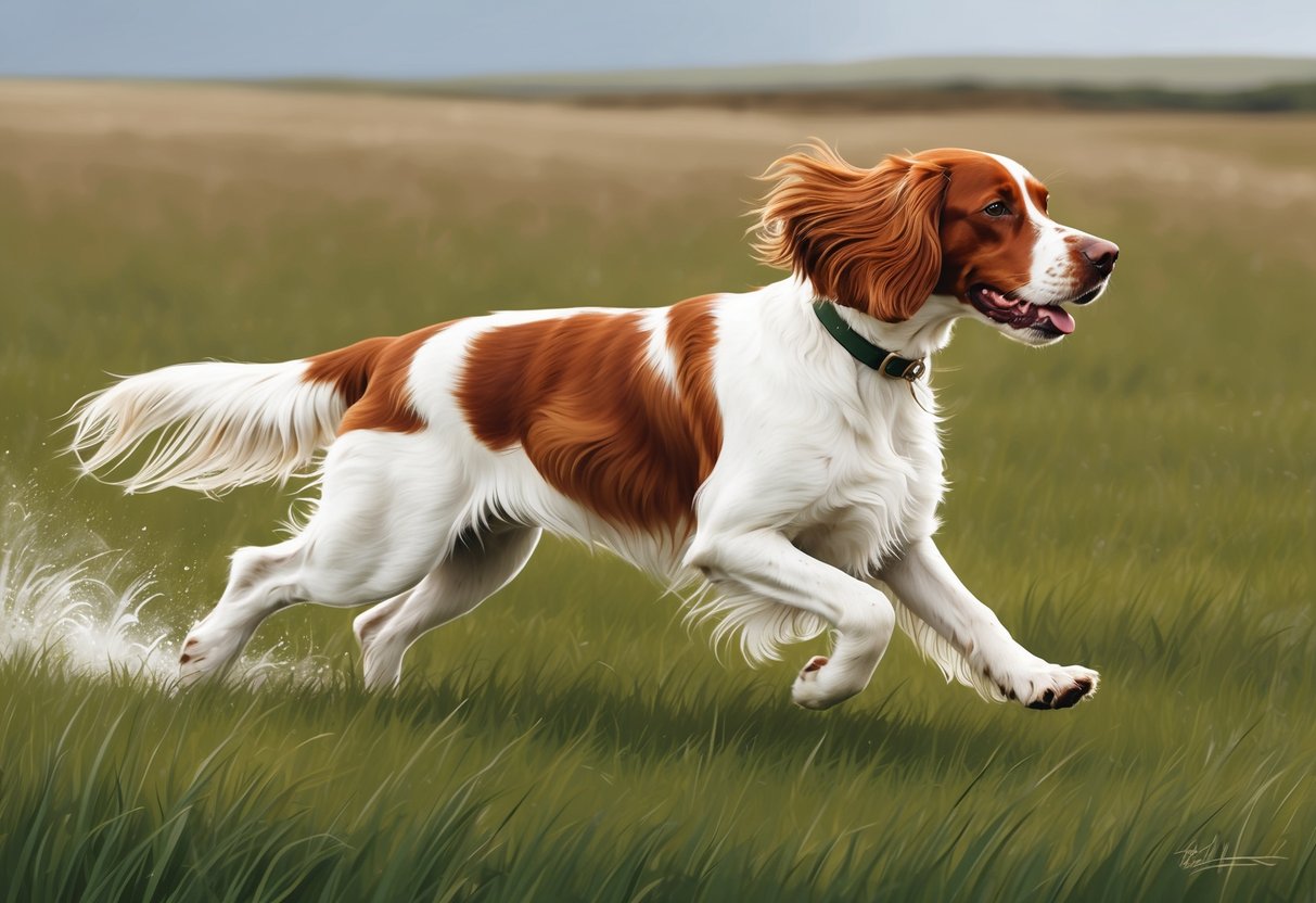 An Irish Red and White Setter dog running through a grassy field, with its long, feathered coat flowing in the wind