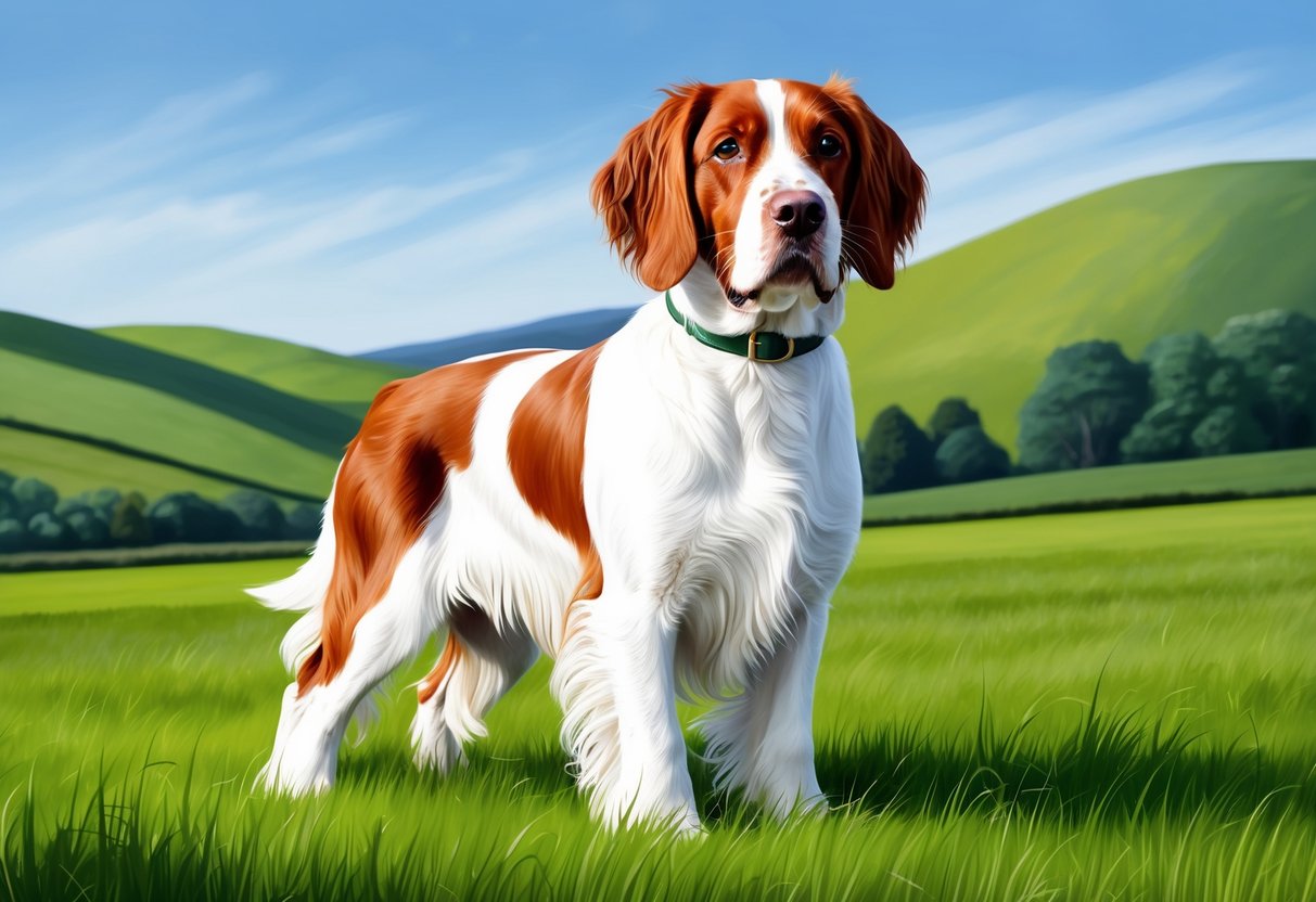 An Irish Red and White Setter dog stands proudly in a lush green field, surrounded by rolling hills and a clear blue sky