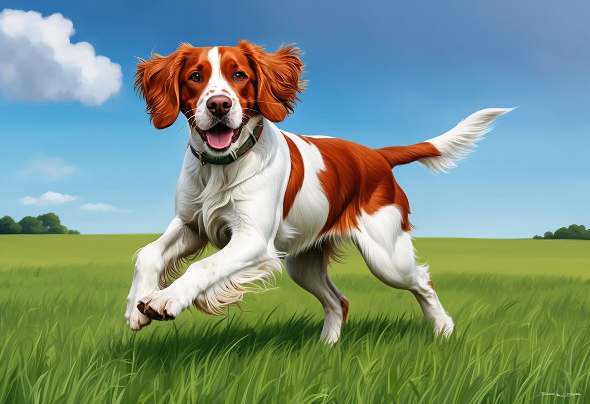 A lively Irish Red and White Setter dog playing in a green field under a clear blue sky