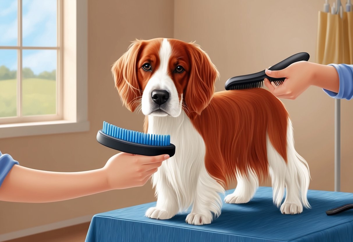 An Irish Red and White Setter dog being gently brushed and groomed in a peaceful, well-lit room