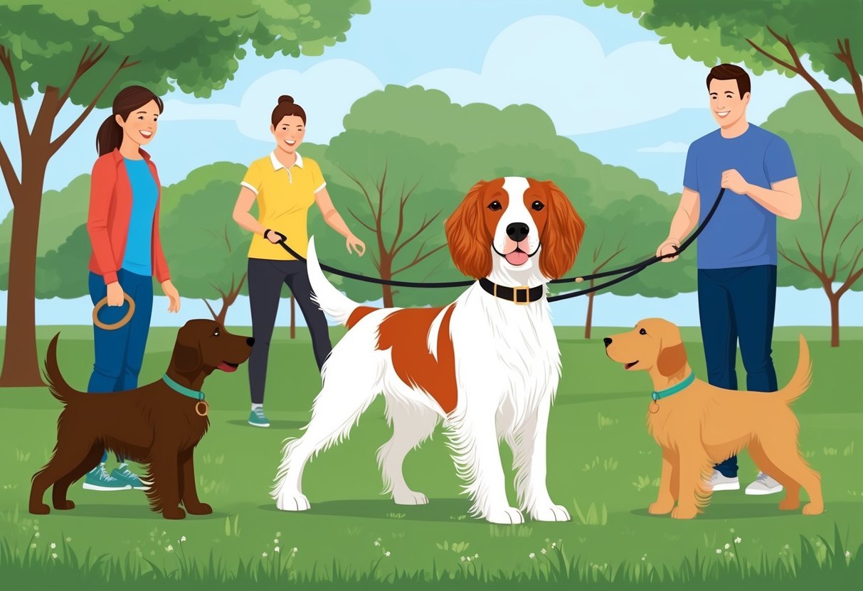 An Irish Red and White Setter dog being trained and socialized in a park setting with other dogs and their owners