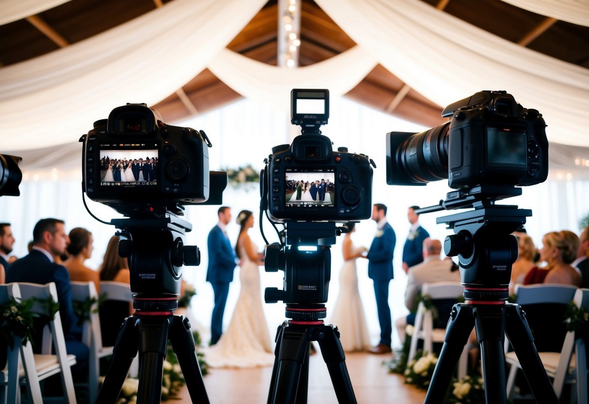 Multiple cameras set up at different angles capturing a wedding ceremony and reception