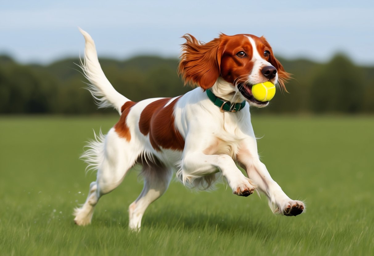 An Irish Red and White Setter dog running through a green field, with a ball in its mouth