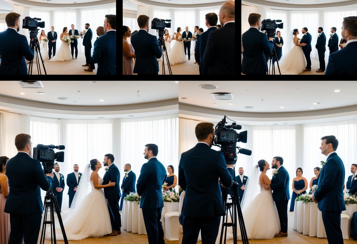 Multiple cameras capturing different angles of a wedding ceremony and reception, set up in strategic locations to ensure comprehensive coverage