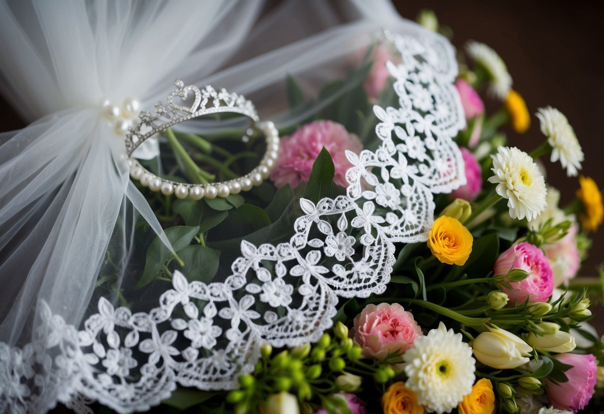 A delicate lace veil cascades over a bed of fresh flowers, accompanied by shimmering pearl earrings and a sparkling tiara