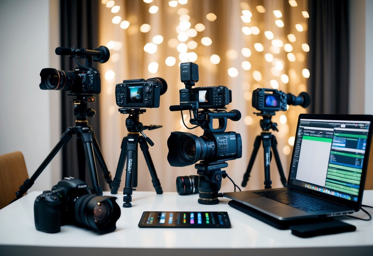 A wedding videographer's equipment: multiple cameras, tripods, and editing software on a desk