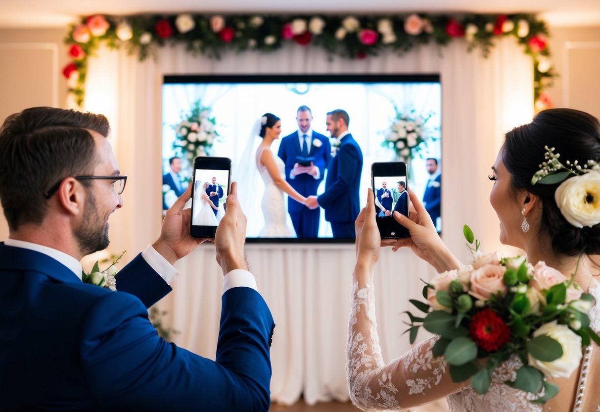 A bride and groom hold up their phones, smiling, as a wedding ceremony takes place on the screen. Flowers and decorations adorn the room