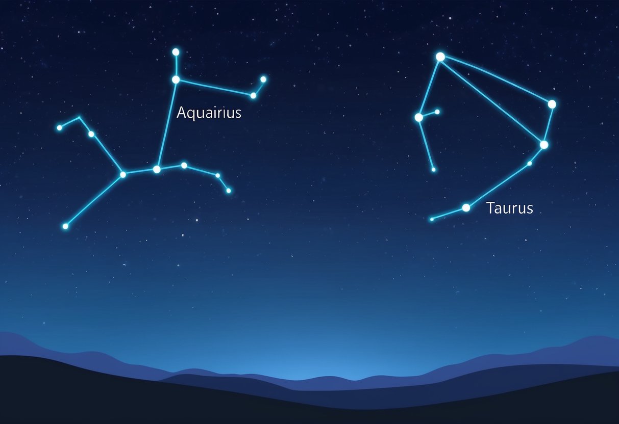 A serene night sky with the Aquarius constellation and the Taurus constellation shining brightly against the dark backdrop