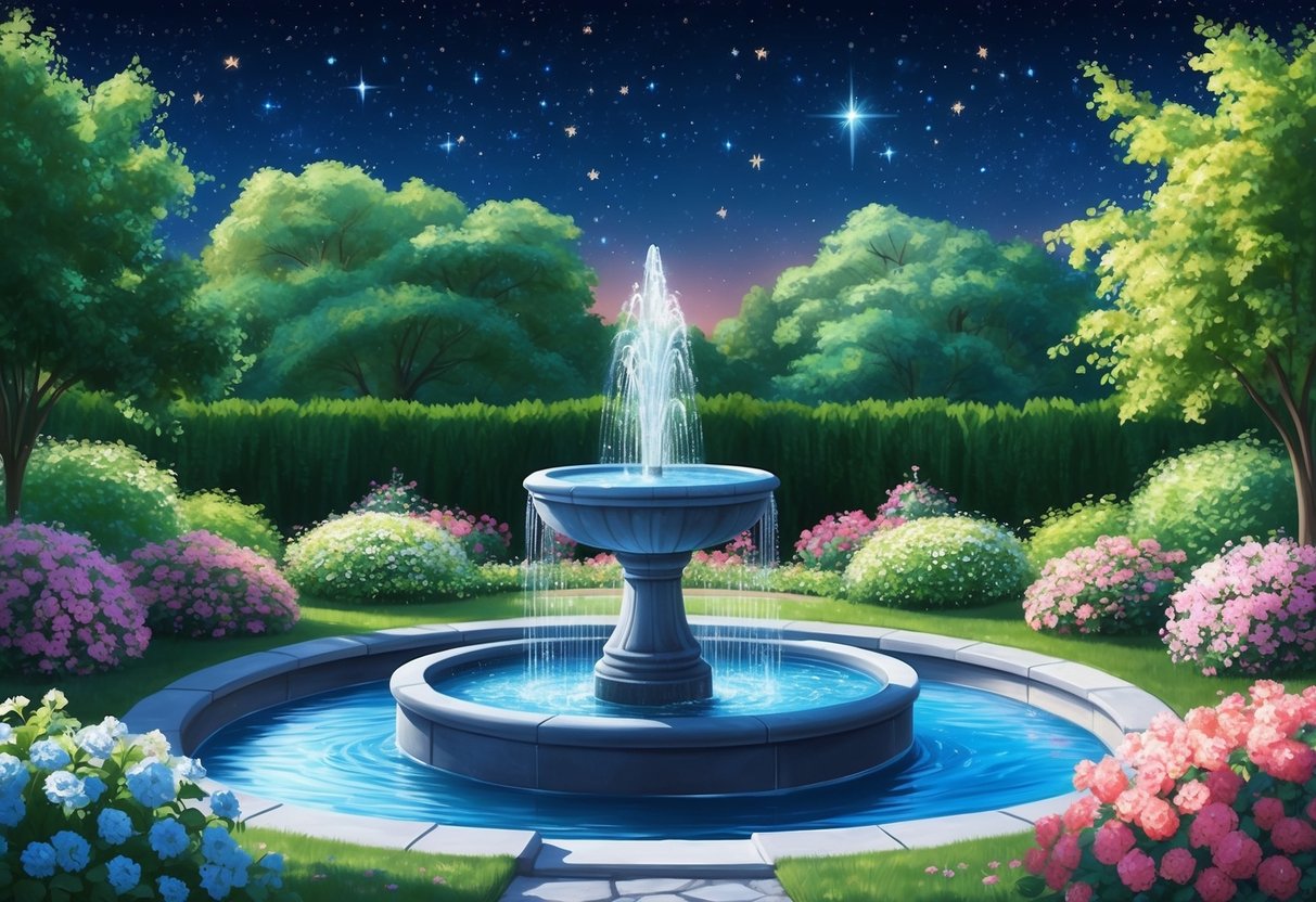 An illustration of a serene garden with a water fountain, surrounded by blooming flowers, under a starry night sky