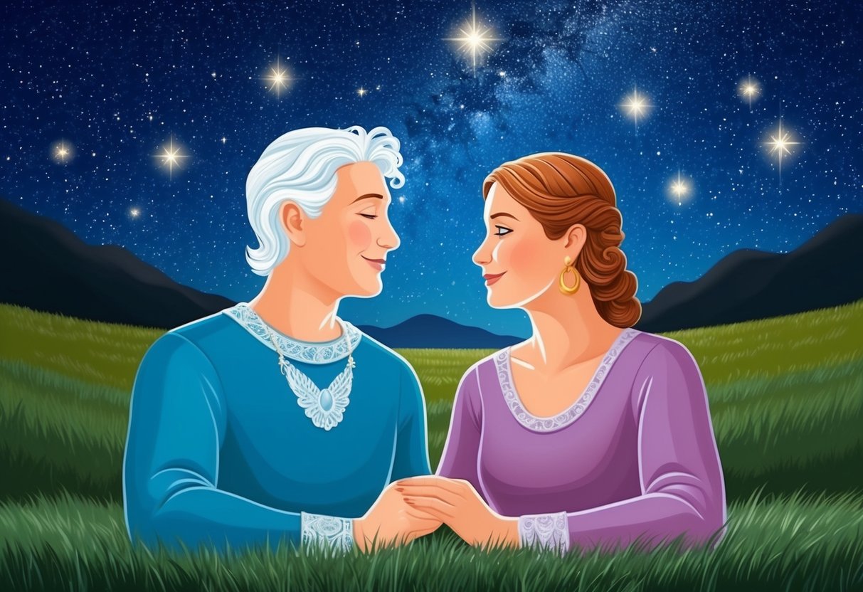 A serene aquarius and a grounded taurus share a peaceful moment under a starry night sky, symbolizing their harmonious and balanced relationship