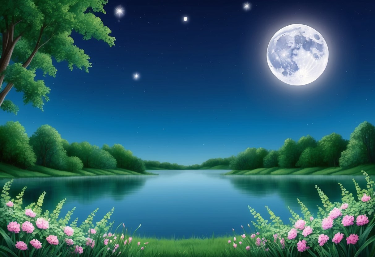 A serene night sky with a full moon casting a soft glow on a tranquil lake, surrounded by lush greenery and blooming flowers