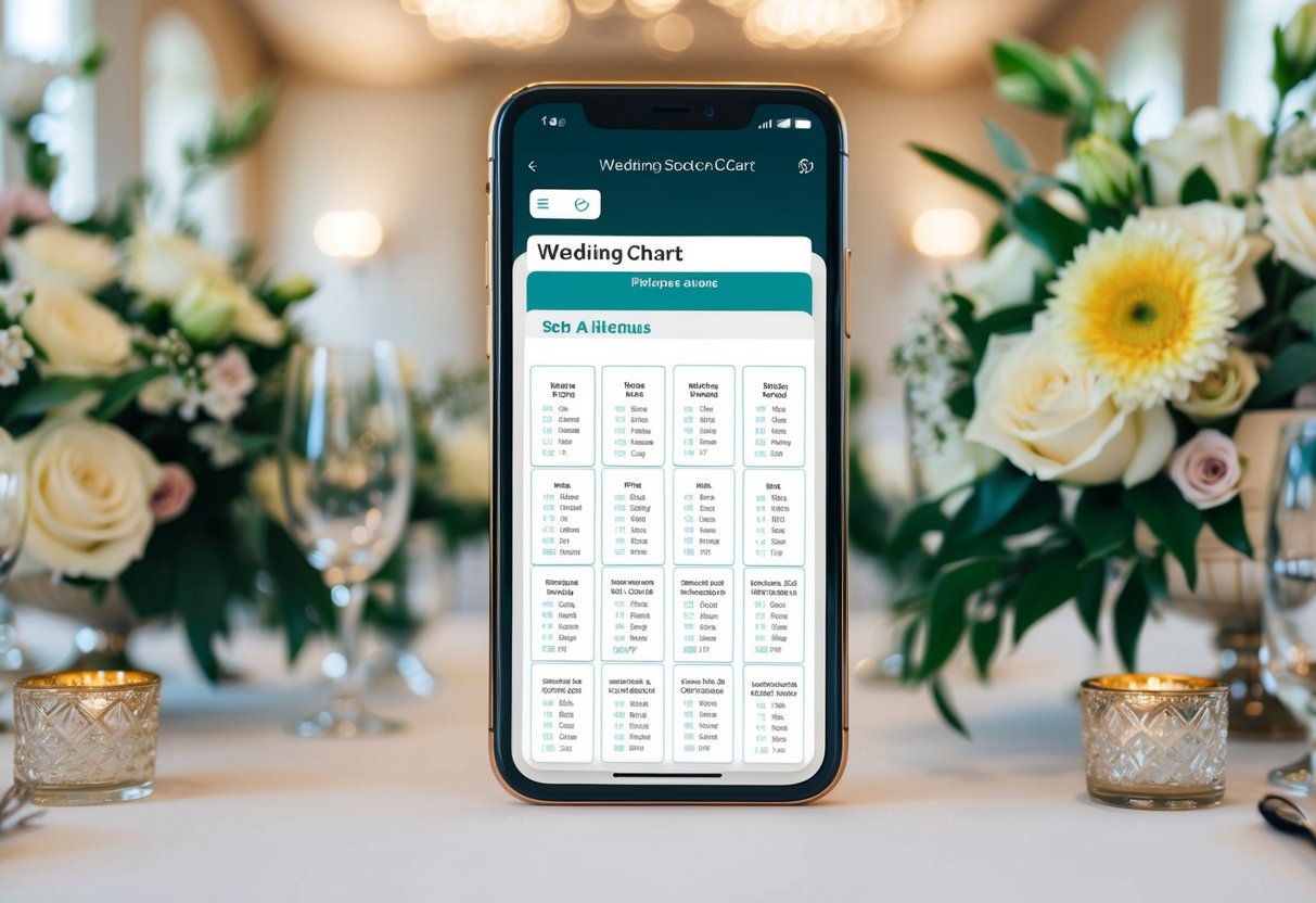 A smartphone with a wedding seating chart app displayed on the screen, surrounded by elegant table settings and floral arrangements