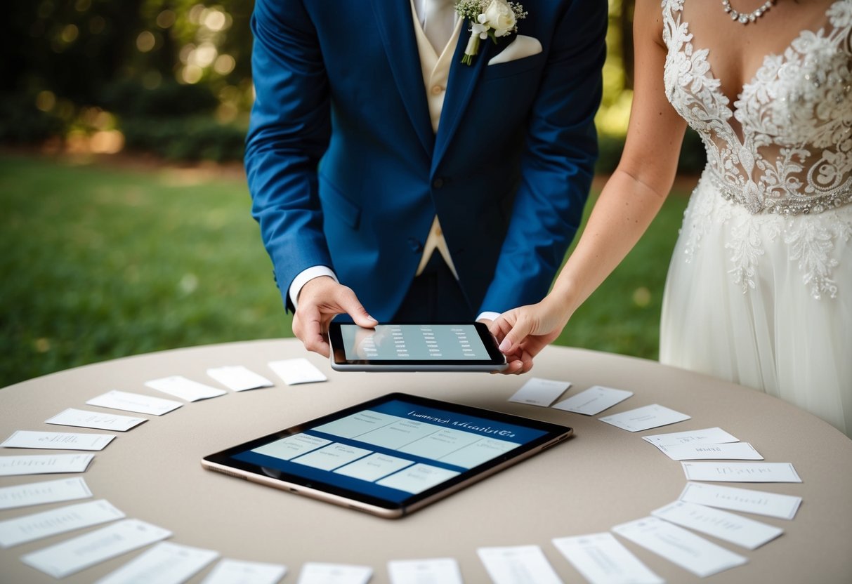 A bride and groom use a tablet to organize their wedding seating chart, surrounded by scattered place cards and a table layout