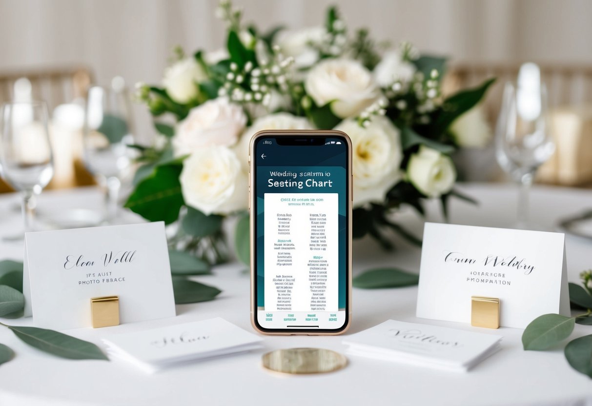 A wedding seating chart app displayed on a smartphone, surrounded by elegant place cards and floral decorations