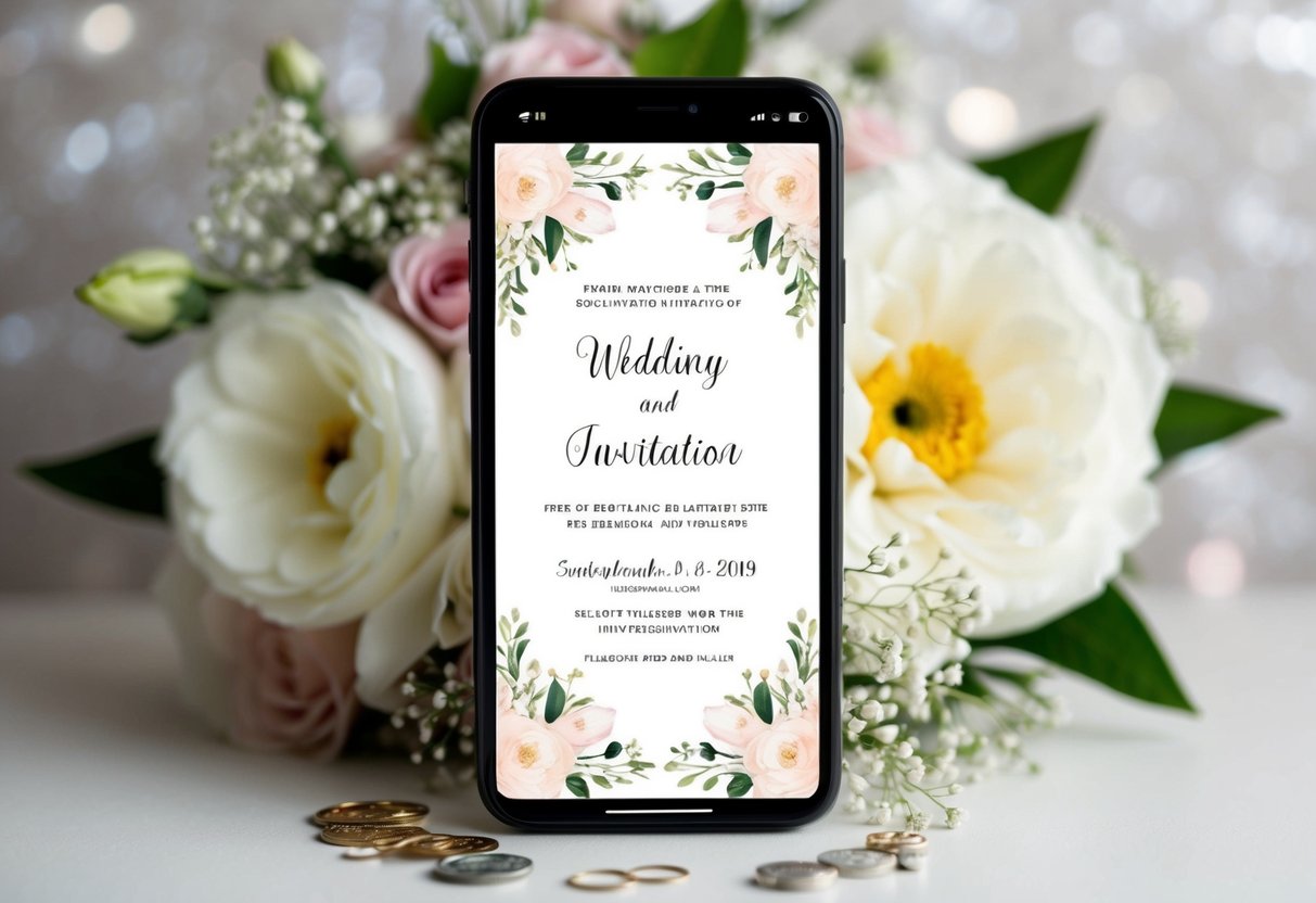 A digital wedding invitation displayed on a smartphone screen, surrounded by elegant floral decorations and a romantic background