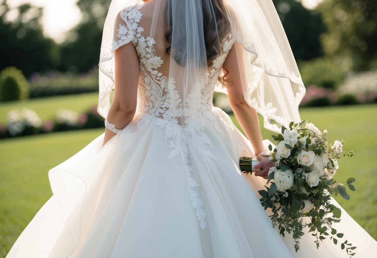 A bride wears a flowing white gown with intricate lace details, a veil cascading down her back, and a delicate bouquet of flowers in her hands