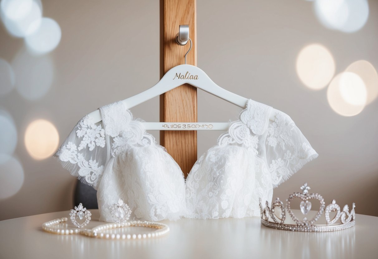 A white lace wedding dress hanging on a personalized hanger, surrounded by delicate pearl earrings and a sparkling tiara on a table