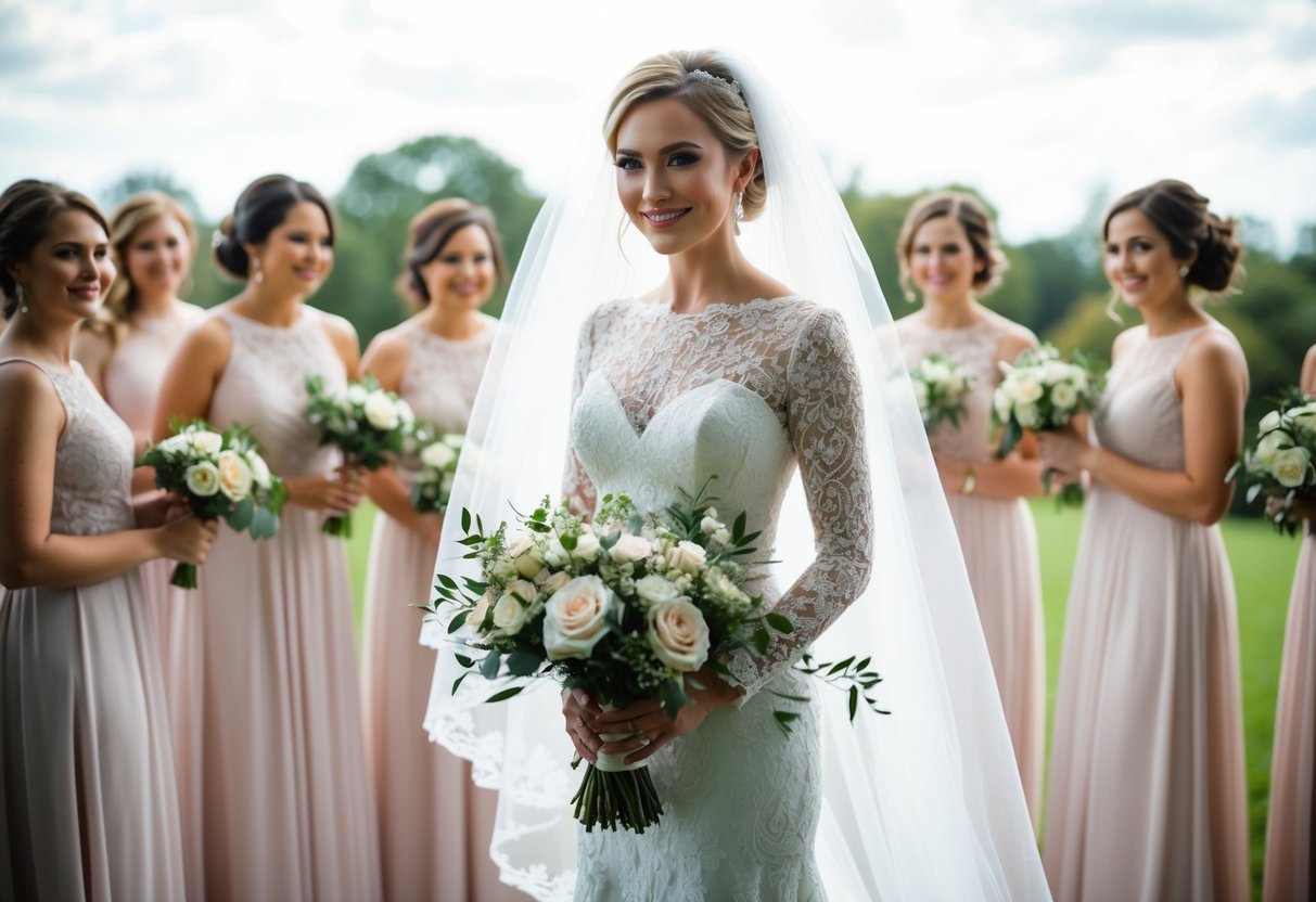 A bride wearing a white lace bridal gown with a long veil, holding a bouquet of flowers, surrounded by bridesmaids in matching dresses