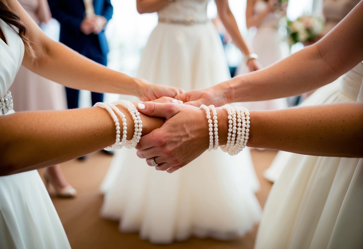 Brides wear delicate, beaded bracelets on their wrists, shimmering in the soft light of the wedding venue
