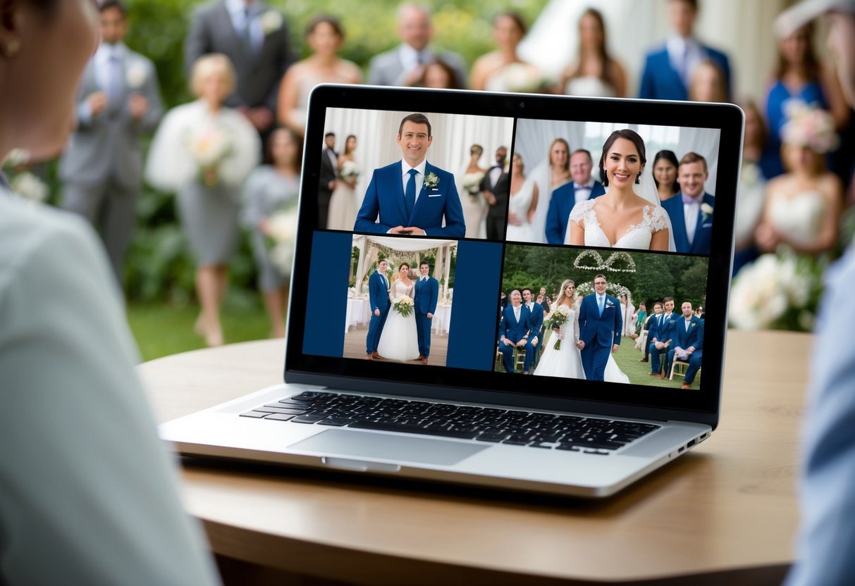 A laptop displaying a virtual wedding on a Zoom call, with a bride and groom on separate screens surrounded by virtual guests