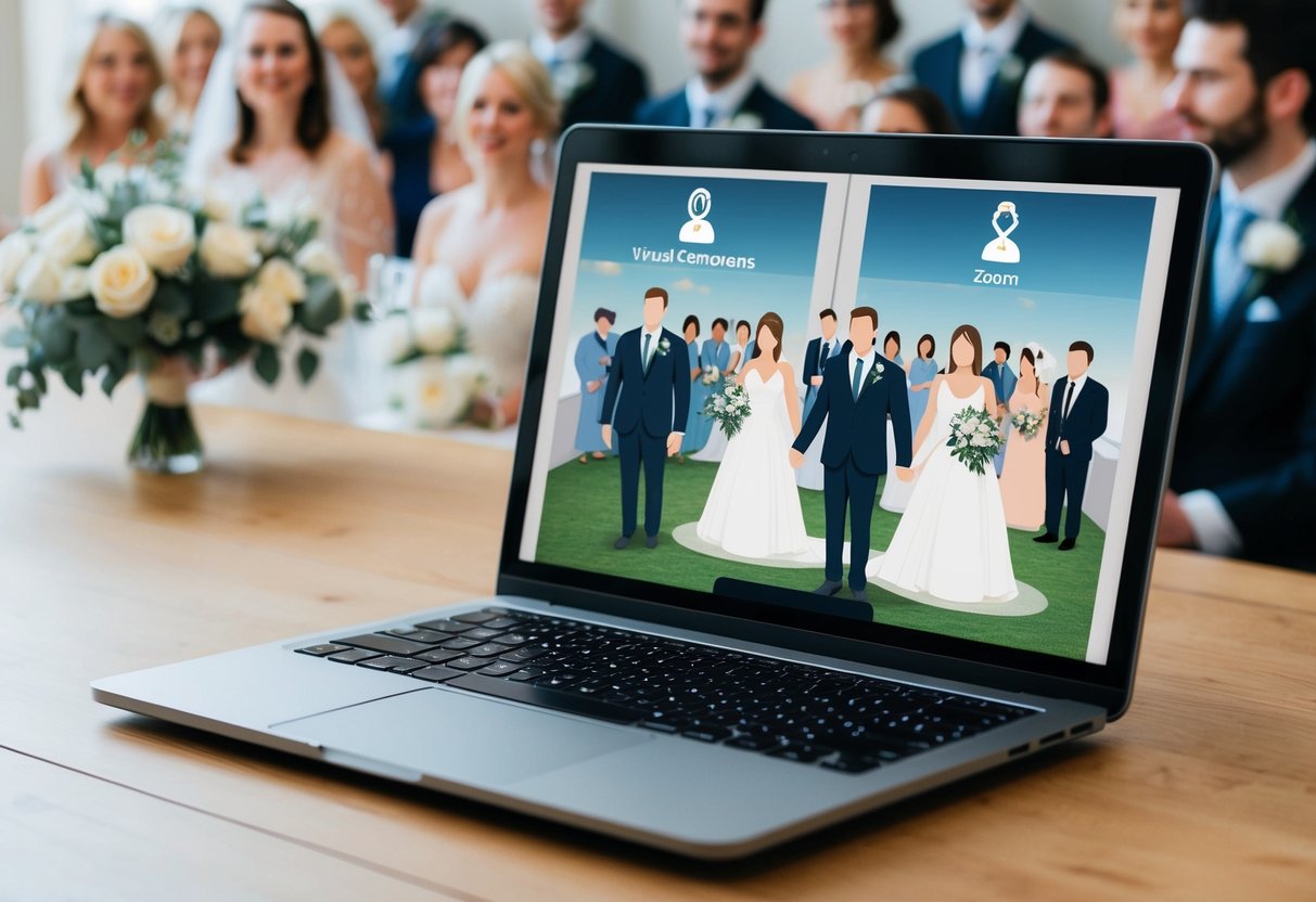 A laptop displaying a virtual wedding ceremony on a Zoom call, with a bride and groom on separate screens surrounded by virtual guests