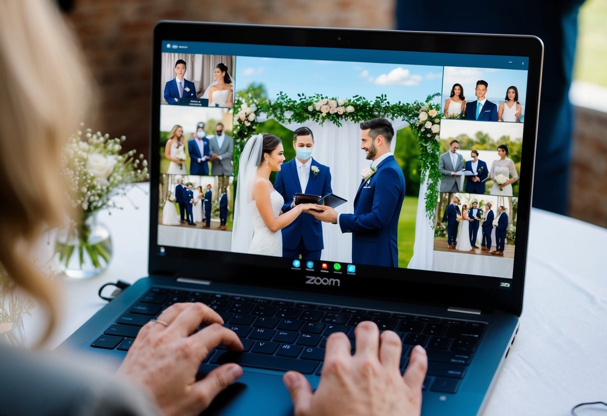 A laptop displaying a virtual wedding ceremony on a Zoom call, with a bride and groom exchanging vows while surrounded by virtual guests