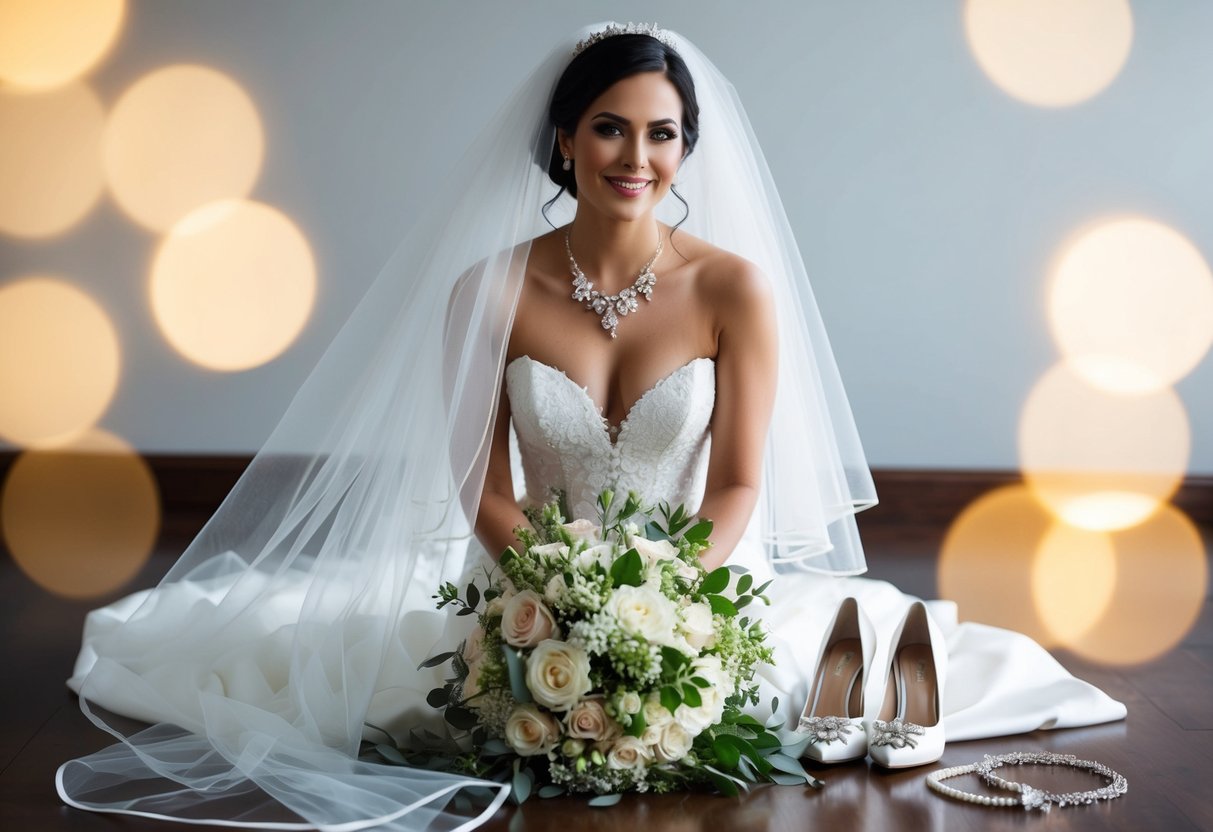 A bride surrounded by a variety of wedding essentials: a veil, bouquet, dress, shoes, and jewelry