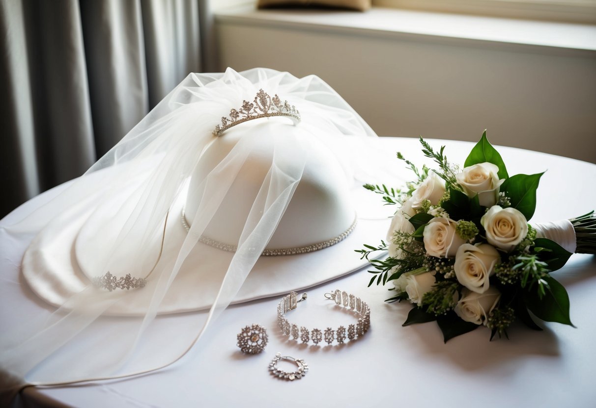 A bride's ensemble laid out on a table, including a veil, tiara, bouquet, and jewelry