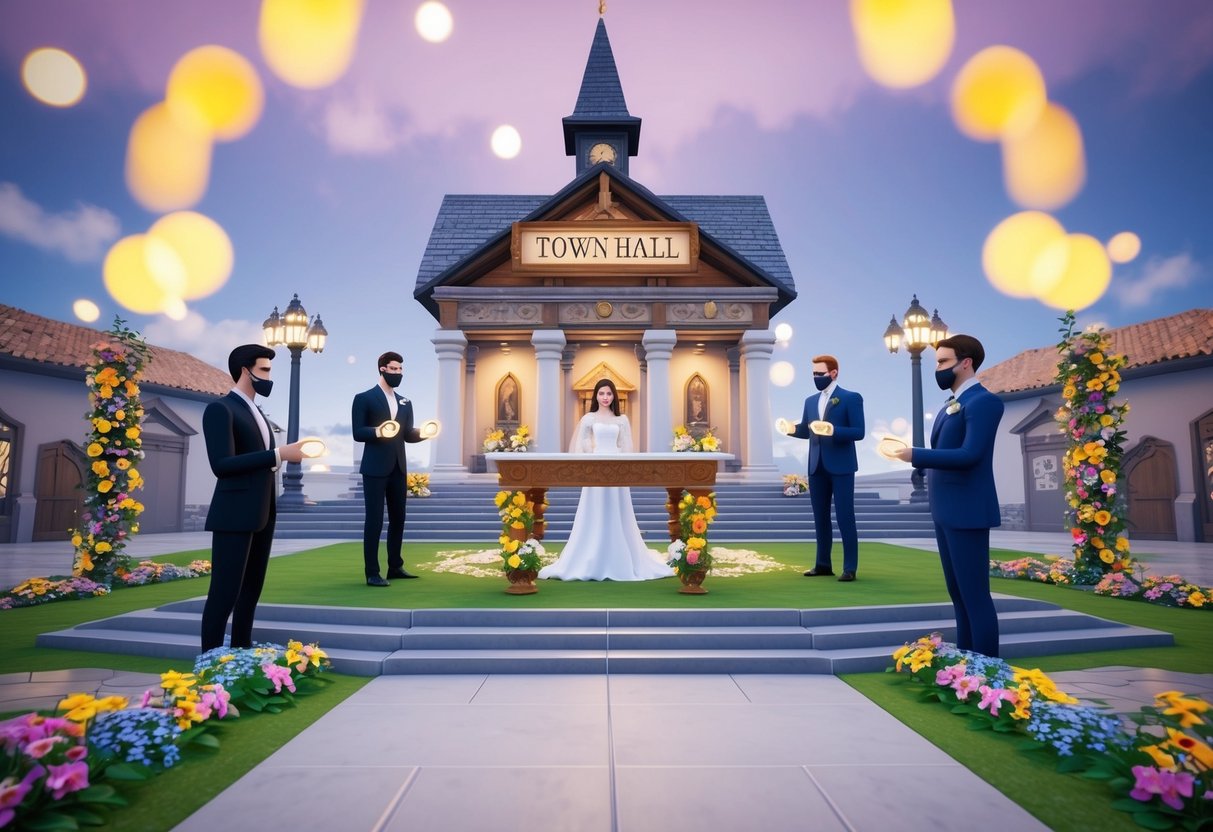 A virtual town hall with a decorated altar, surrounded by colorful flowers and twinkling lights, as avatars exchange virtual rings