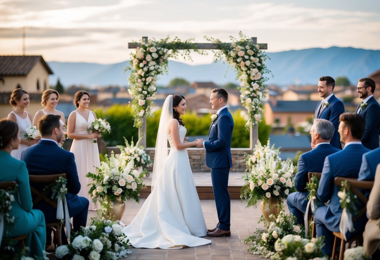 A couple standing at the virtual town's wedding altar, surrounded by flowers and friends, exchanging vows