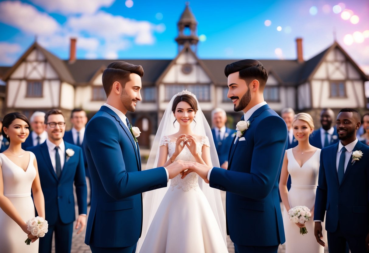 A virtual town hall with a bride and groom avatars exchanging virtual rings and surrounded by virtual guests in a digital setting