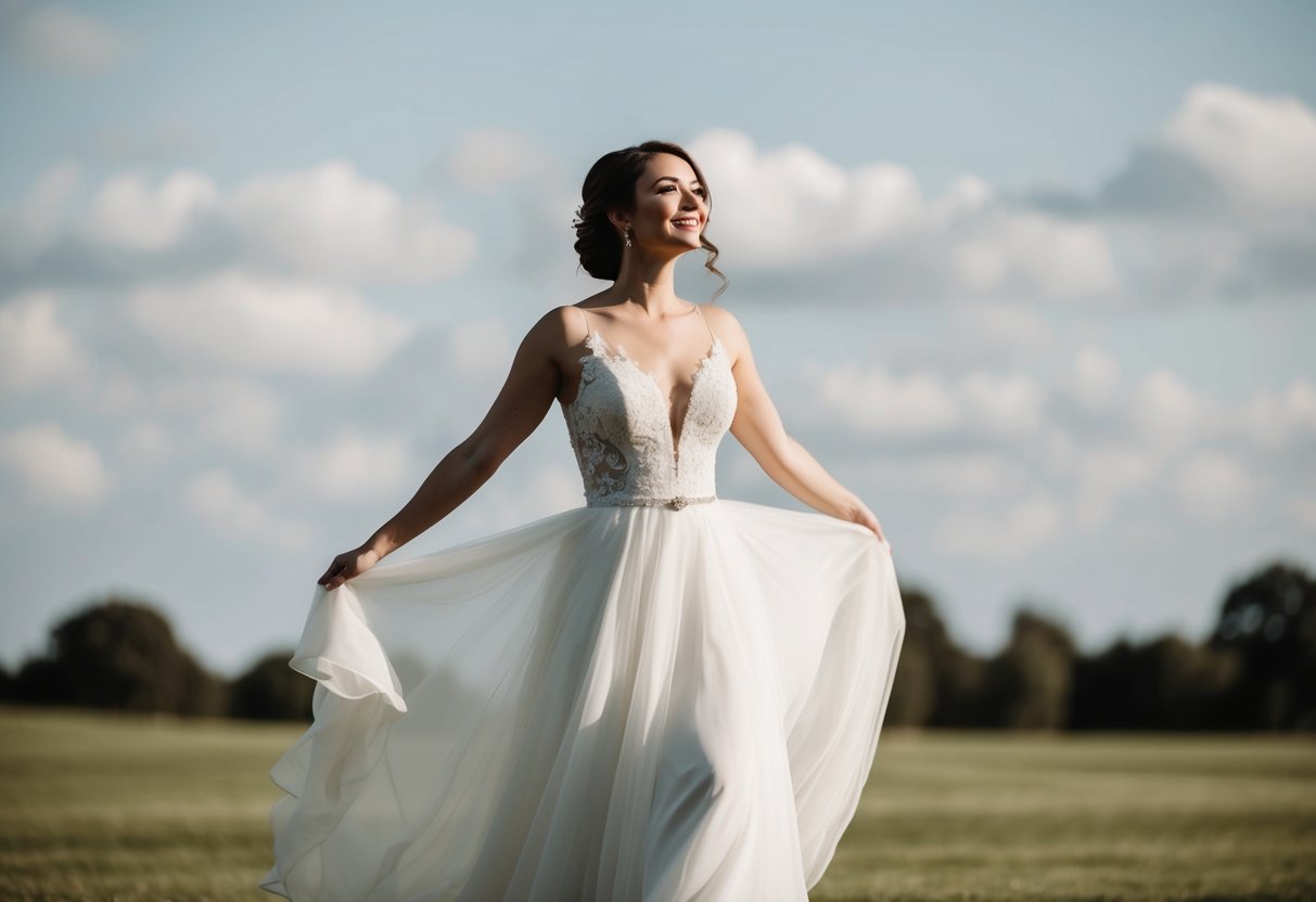 A bride in a flowing wedding dress stands confidently, her shoulders back and head held high, exuding a sense of freedom and empowerment