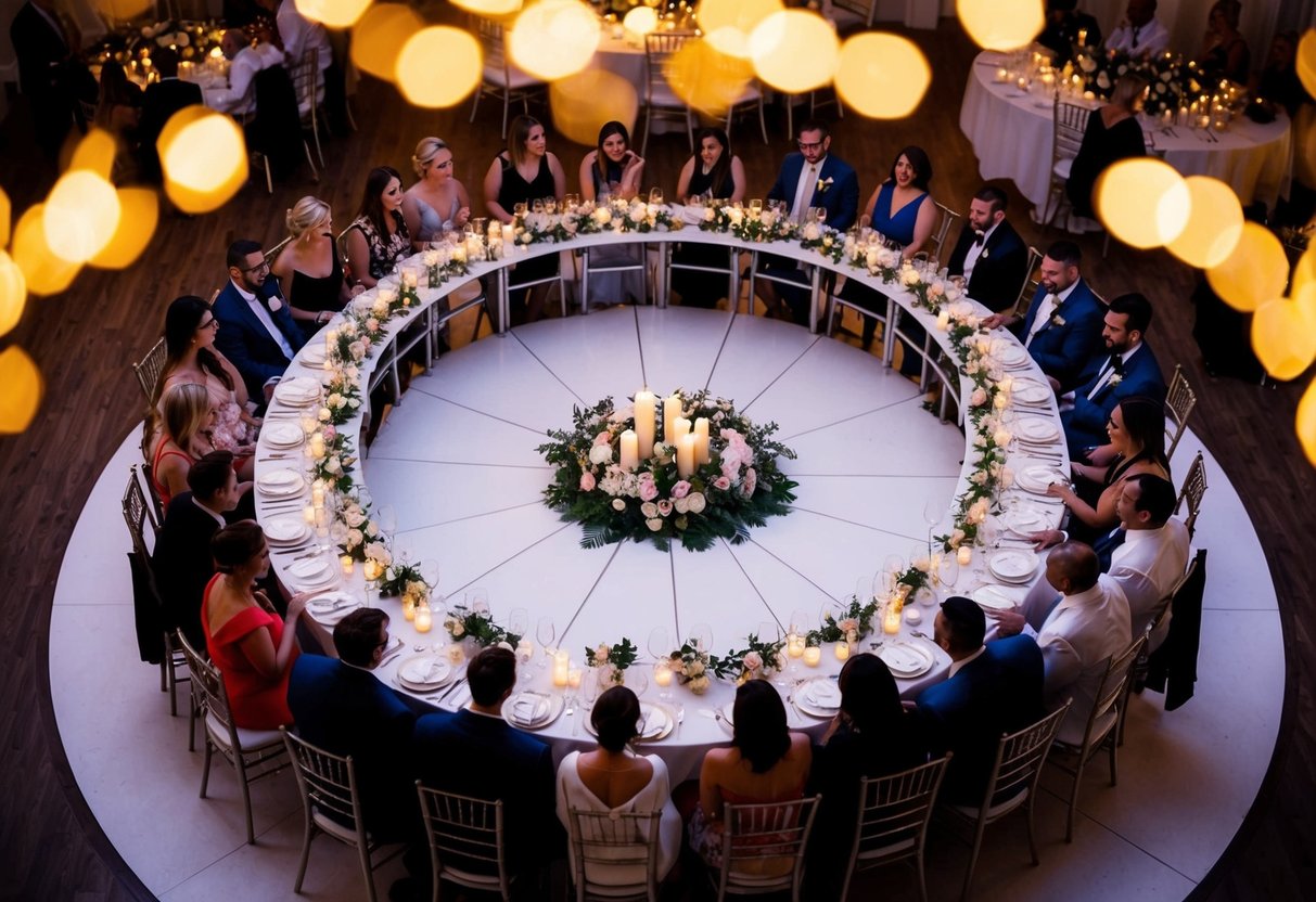 Guests seated in circular tables around a central dance floor, adorned with floral centerpieces and soft candlelight, creating a warm and inviting atmosphere