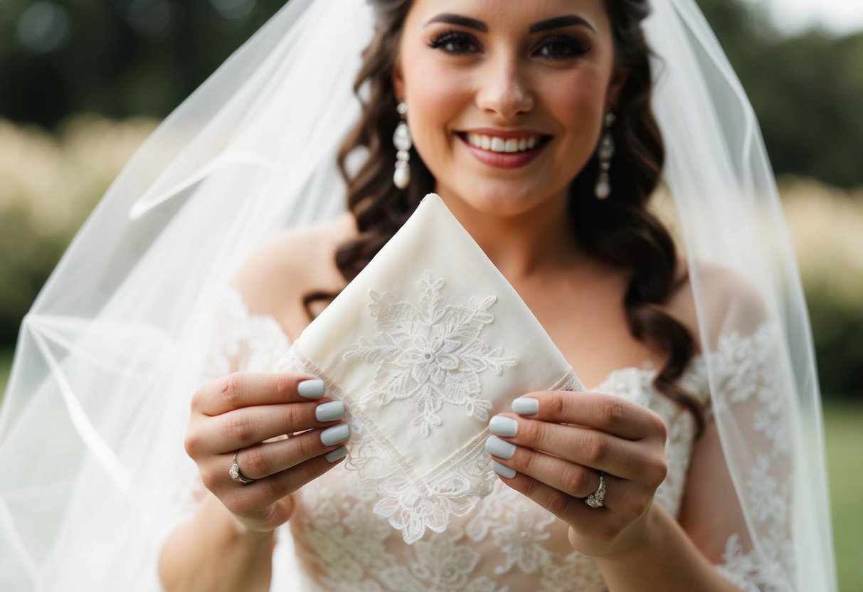A bride holding a vintage lace handkerchief from her grandmother