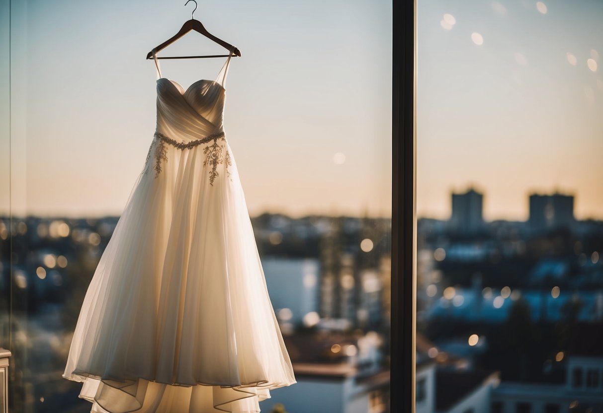 A flowing wedding dress hanging on a vintage-style mannequin