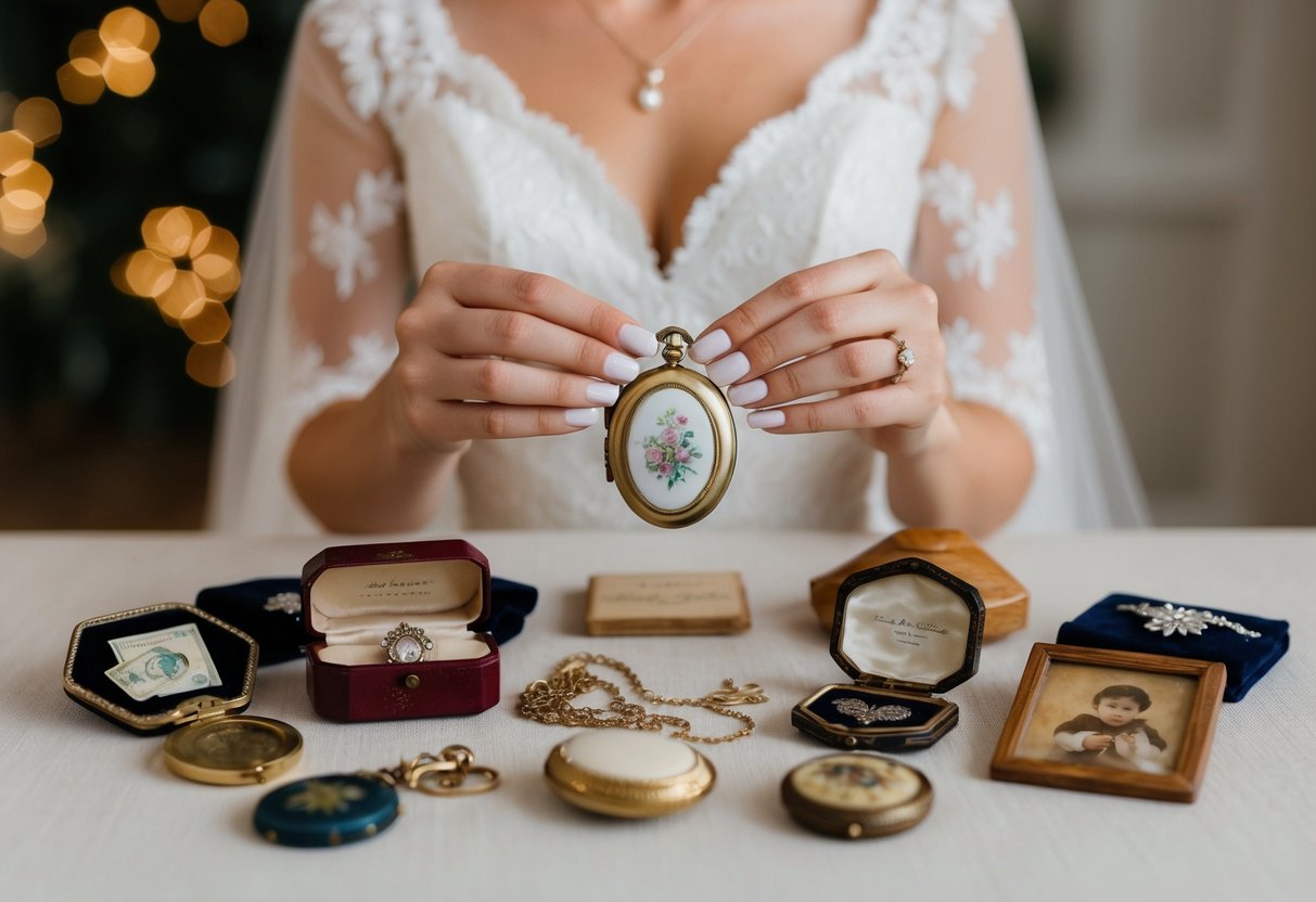 A bride holding a vintage locket, surrounded by family heirlooms and cherished items from loved ones