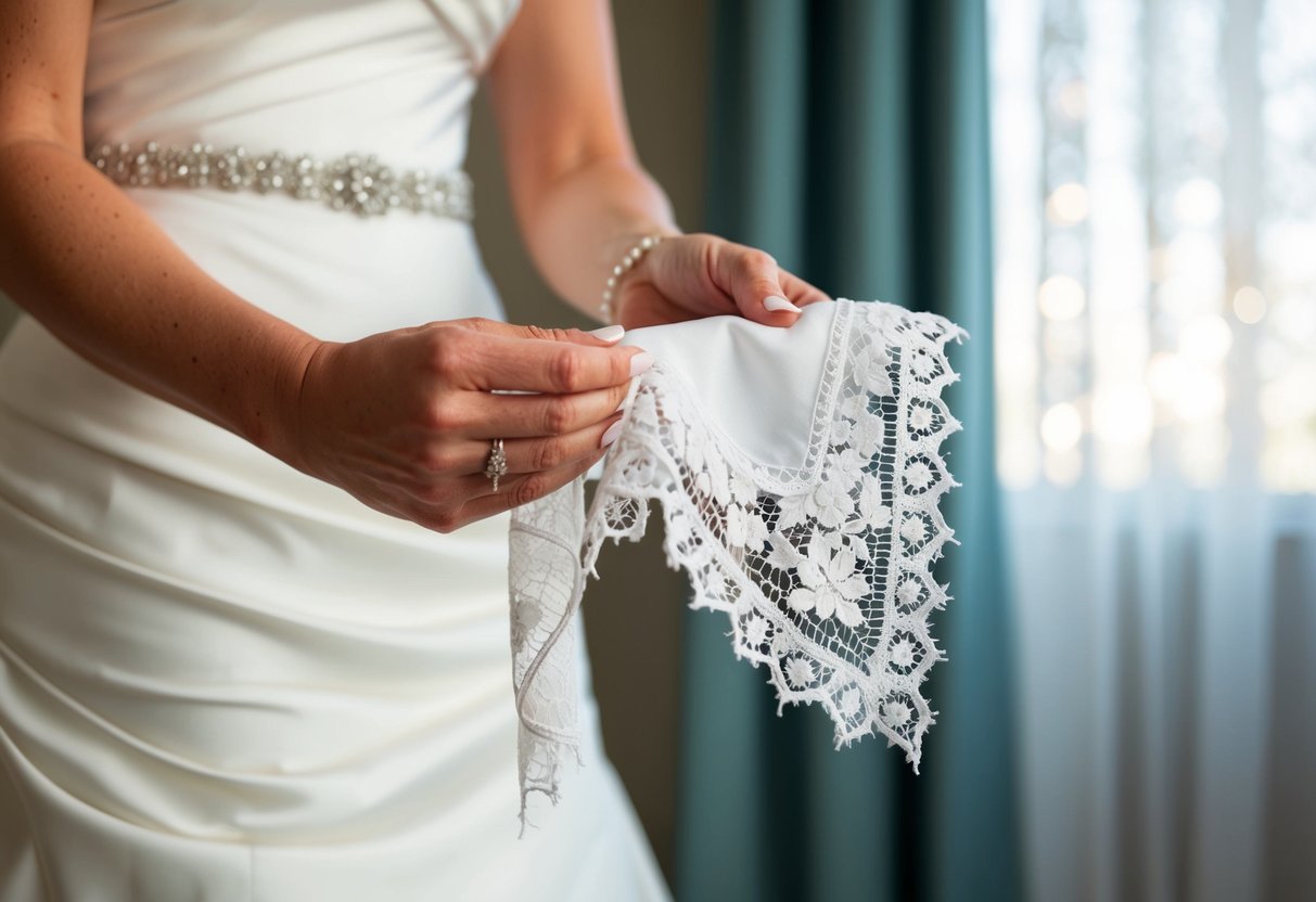 A bride holds a delicate lace handkerchief, borrowed from her grandmother, as she prepares for her wedding