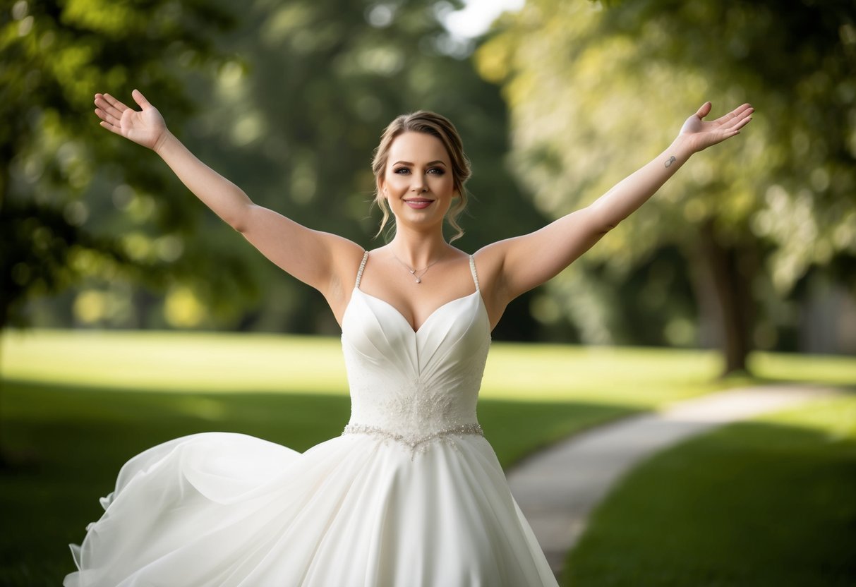 A bride in a flowing wedding dress, standing confidently with her arms raised, indicating comfort and freedom from a traditional bra