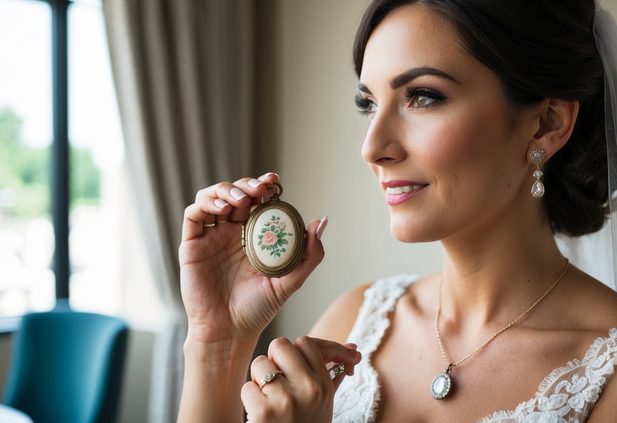 A bride holding a vintage locket, gifted by her grandmother, as she gets ready for her wedding