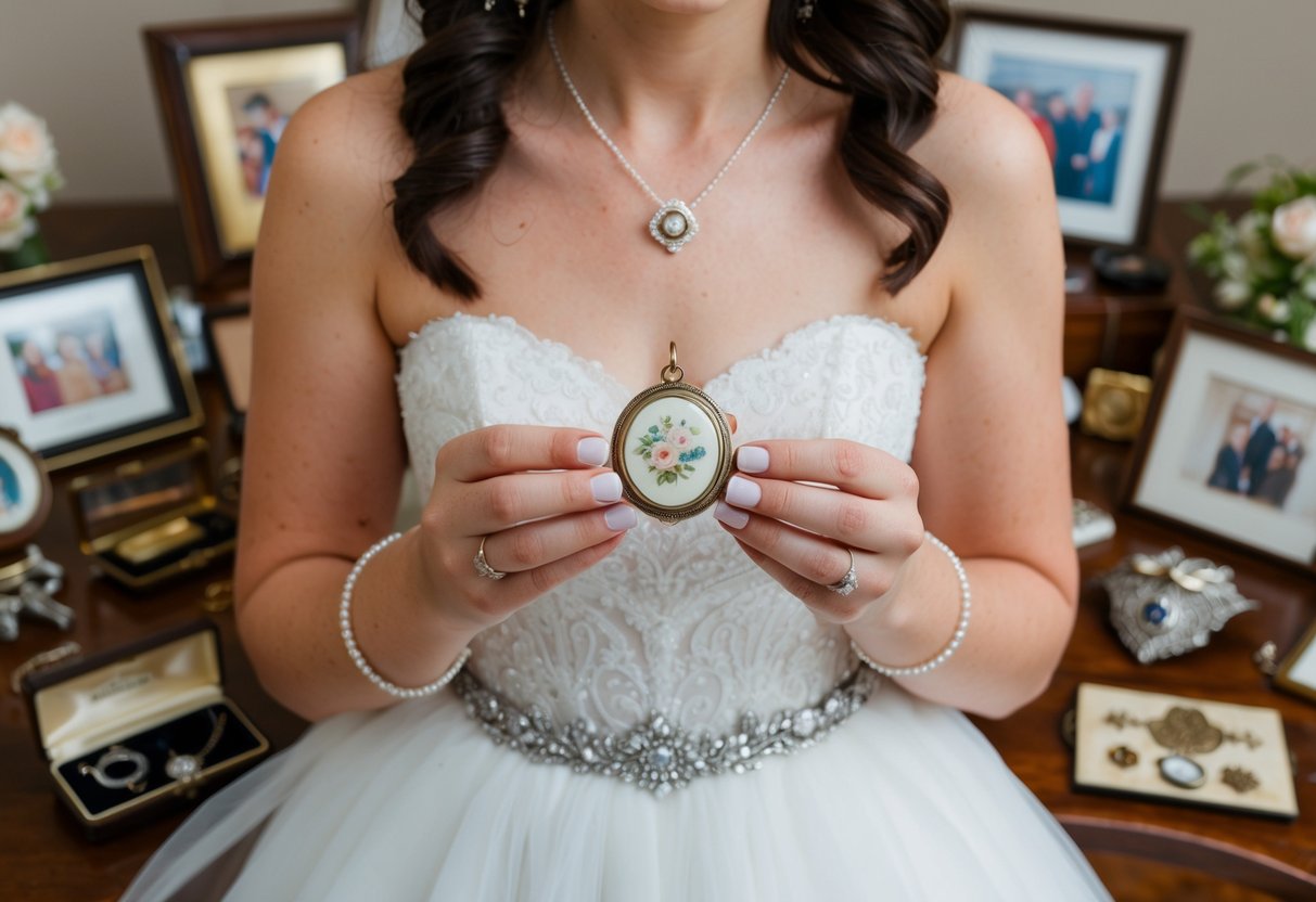 A bride holding a vintage locket, surrounded by family heirlooms and sentimental items