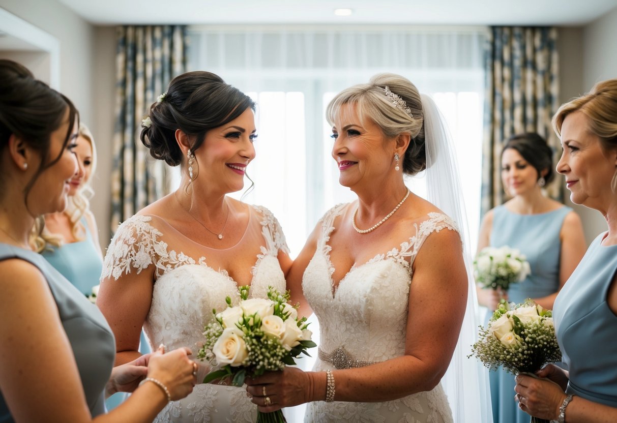 A mother of the bride stands beside her daughter, offering support and guidance as they prepare for the wedding ceremony. She radiates love and pride
