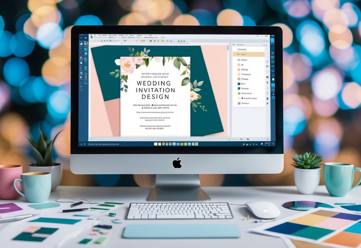 A computer with a wedding invitation design software open, surrounded by a variety of digital design elements and color palettes