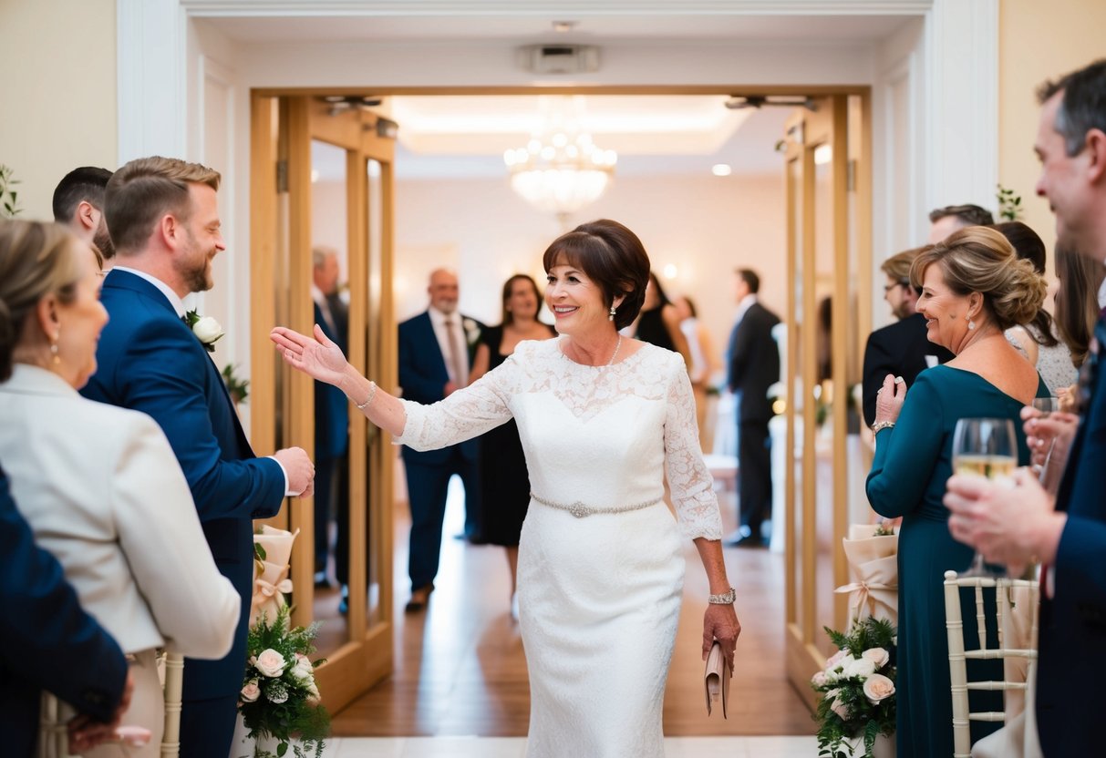The mother of the bride stands at the entrance of the ceremony venue, welcoming guests with a warm smile and directing them to their seats. Later, she is seen mingling with guests during the reception, ensuring everyone feels welcome and included