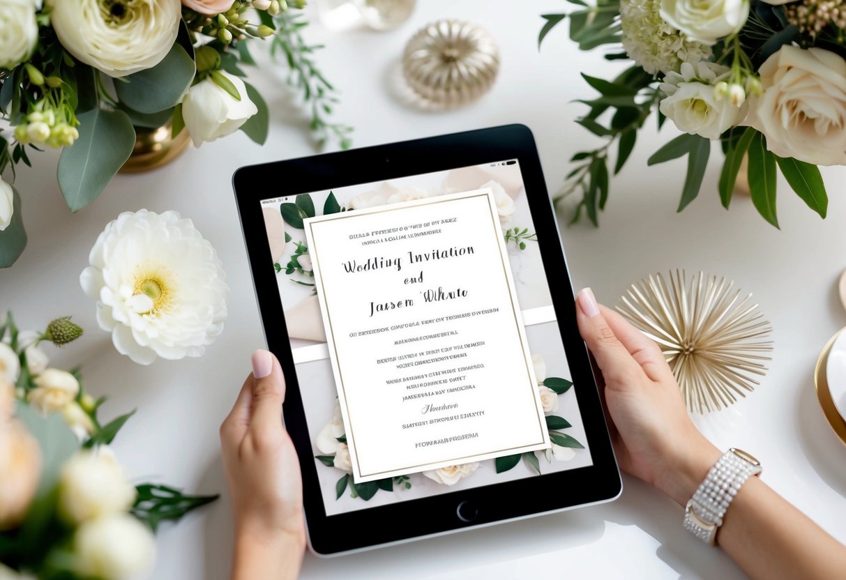 A digital wedding invitation displayed on a sleek tablet, surrounded by elegant floral arrangements and decorative elements