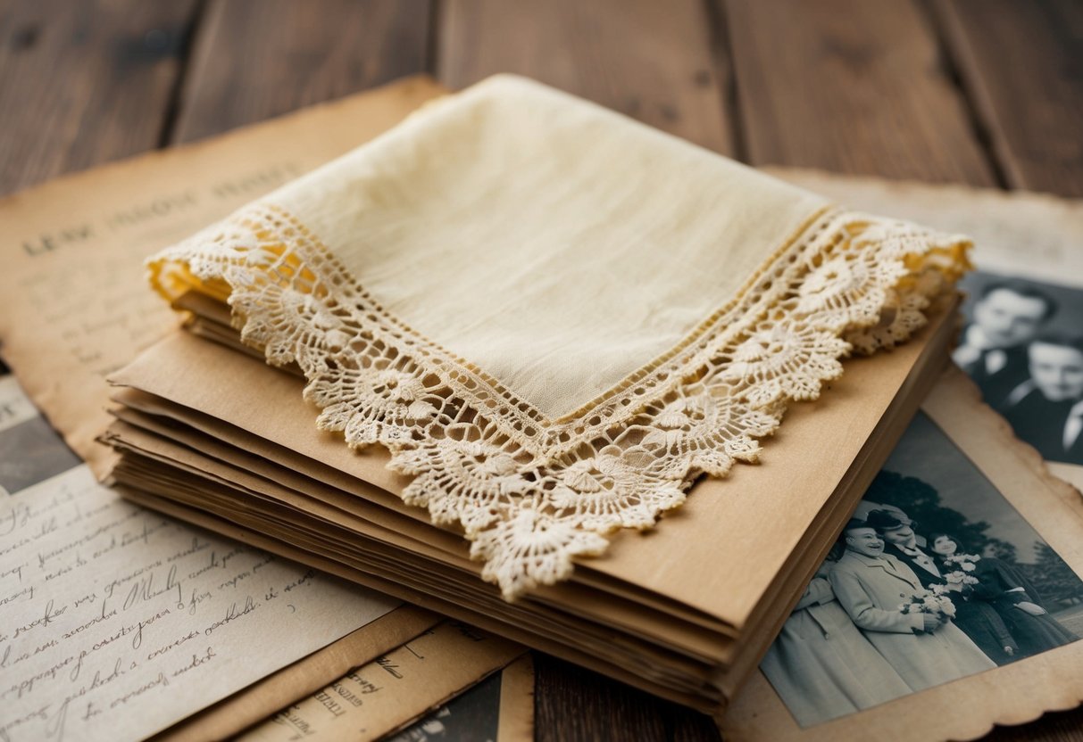 A vintage lace handkerchief, yellowed with age, lies delicately folded atop a stack of antique love letters and faded photographs