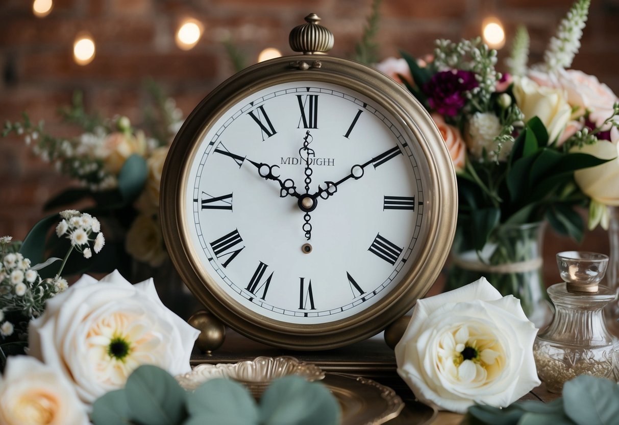 An antique clock with delicate hands set at midnight, surrounded by vintage wedding decor and flowers