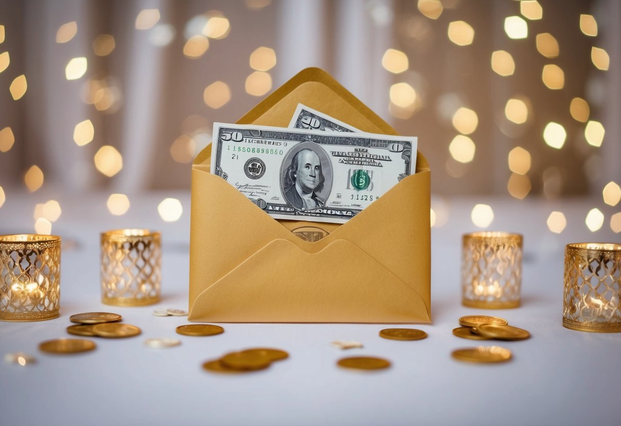 A decorative envelope with money inside, surrounded by wedding-themed decorations
