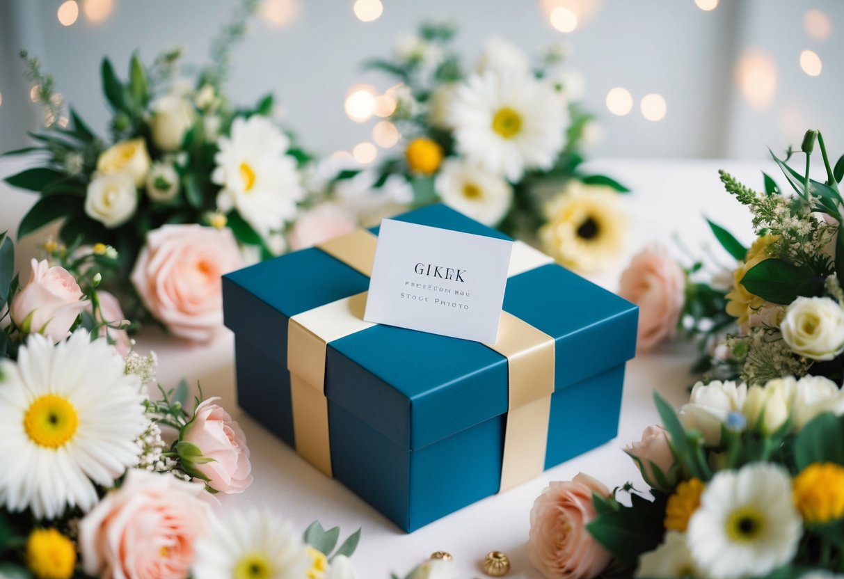 A gift box with a ribbon and a card, surrounded by flowers and wedding decorations