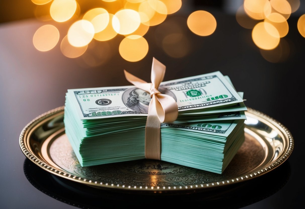 A stack of crisp bills tied with a ribbon on a decorative tray